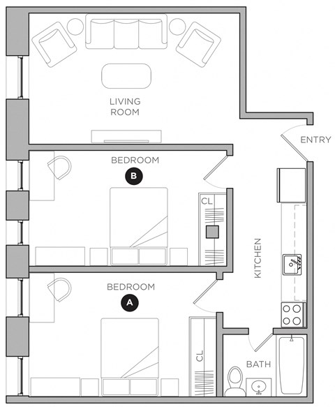 Floor plan for 2 beds, 1 bath, 500 sqft